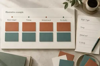 Ivory timing discovery canvas with rust trigger cards and teal buyer-needs cards.