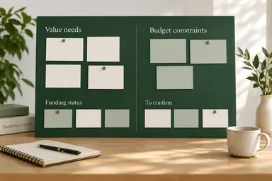 Forest-green buyer-needs canvas separating value expectations from budget constraints.