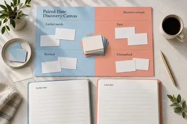 Blue and coral discovery canvas comparing earlier needs with new, revised, and unresolved needs.