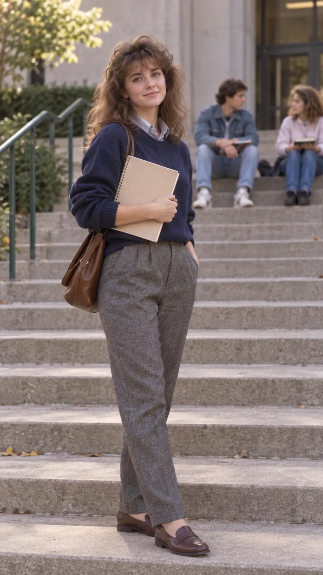 Young college student on campus steps in understated 1980s clothing