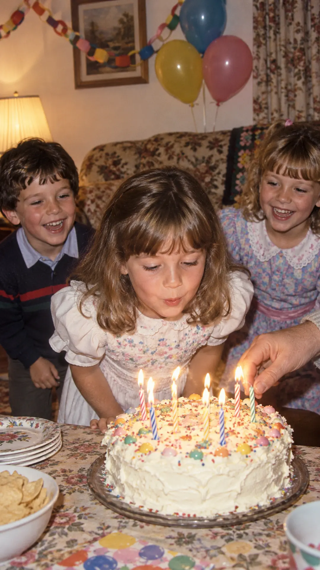 Child leaning toward a birthday cake in a modest 1980s living room