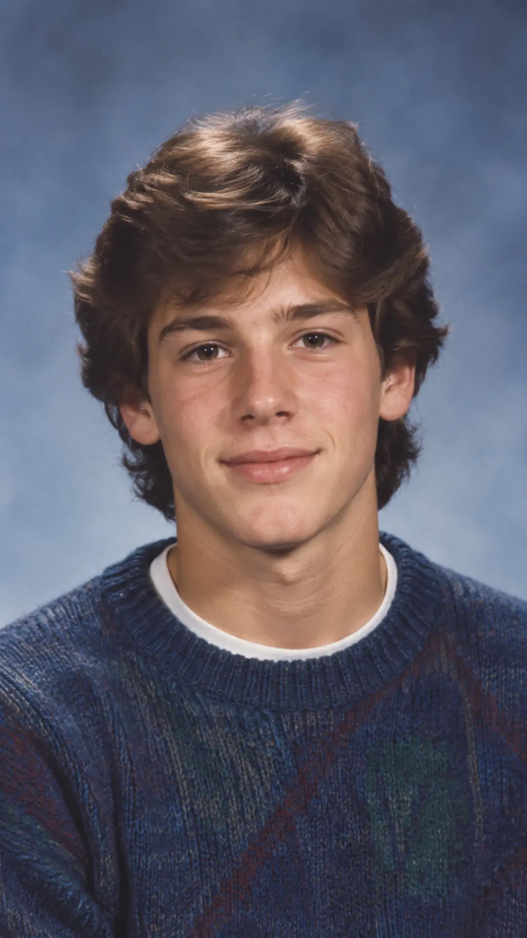 1980s-style student yearbook portrait on a blue-gray studio background