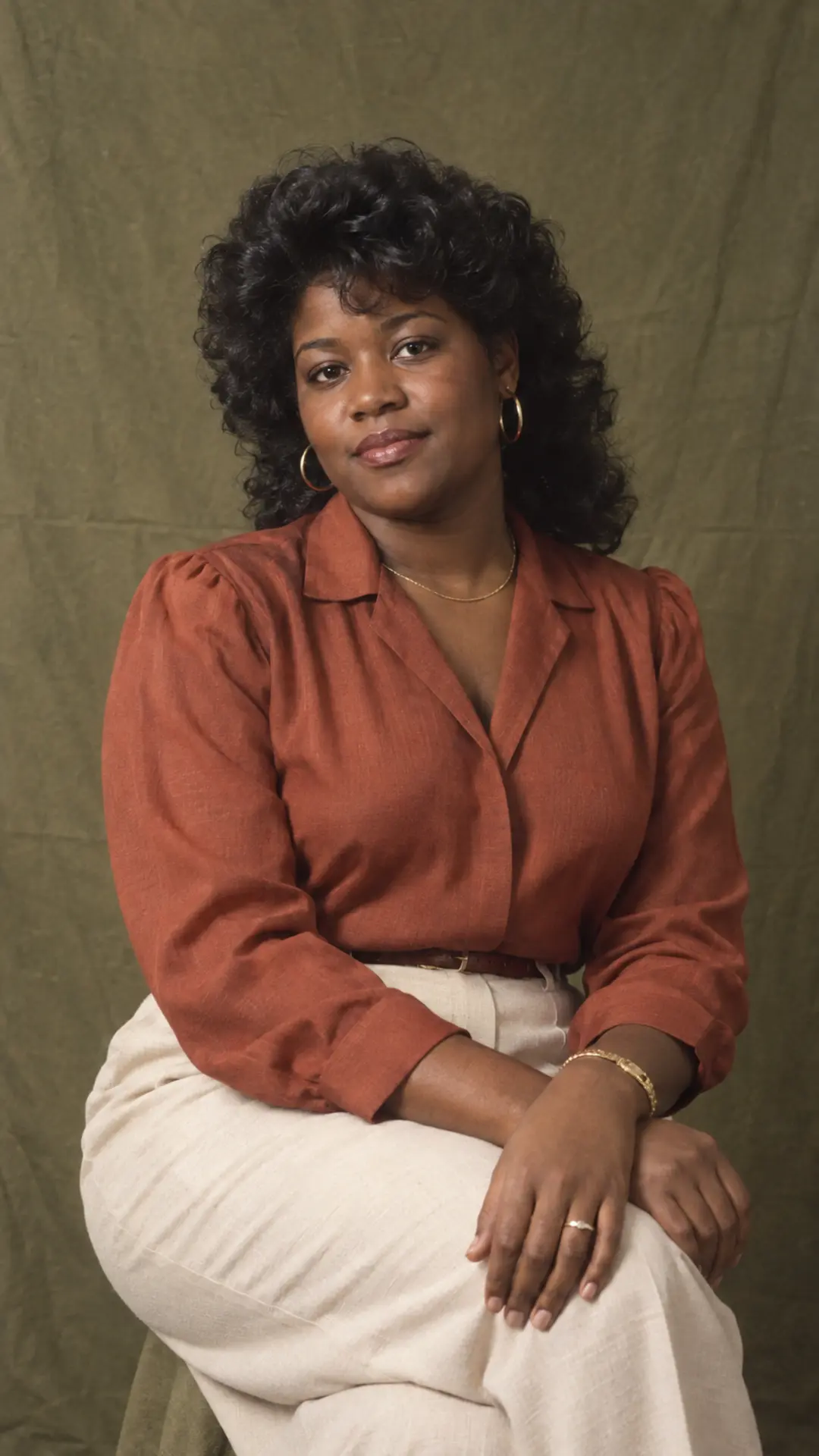 Neutral-lit 1980s-style seated portrait with natural complexion preserved