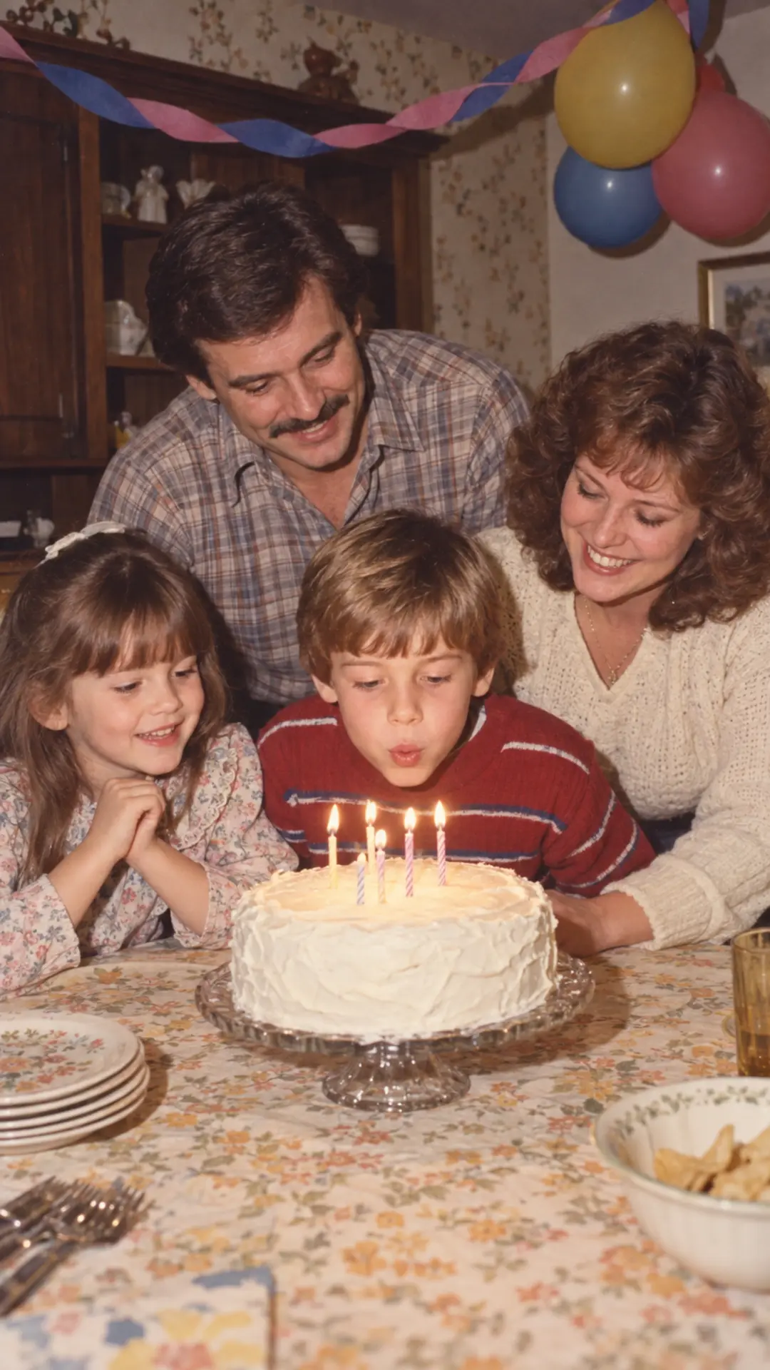 Family birthday snapshot with paper streamers and gently faded 1980s color