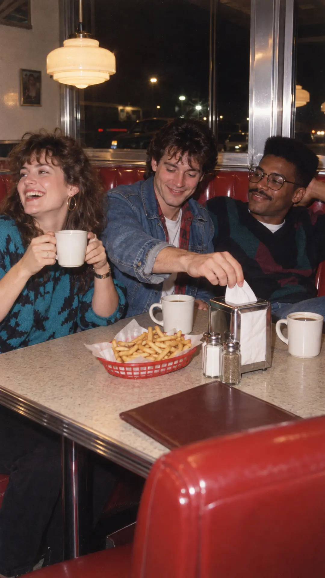 Three friends sharing food in a red-vinyl 1980s diner booth at night