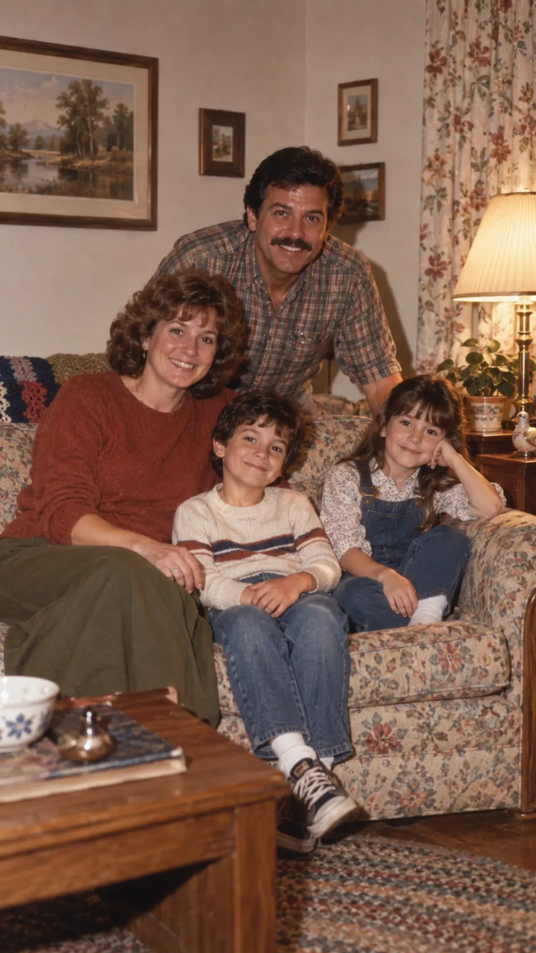 Family gathered in a modest 1980s living room for an album photograph