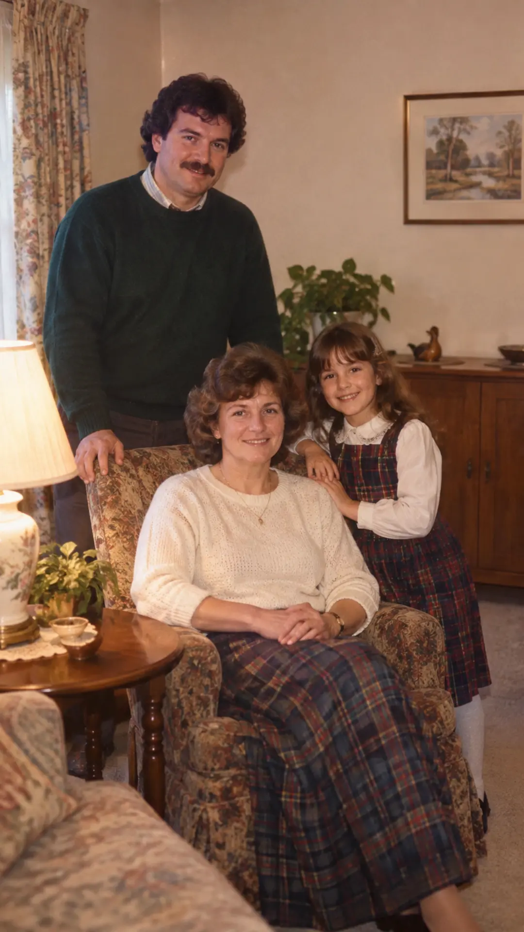 Family room photograph with modern devices removed and natural details preserved