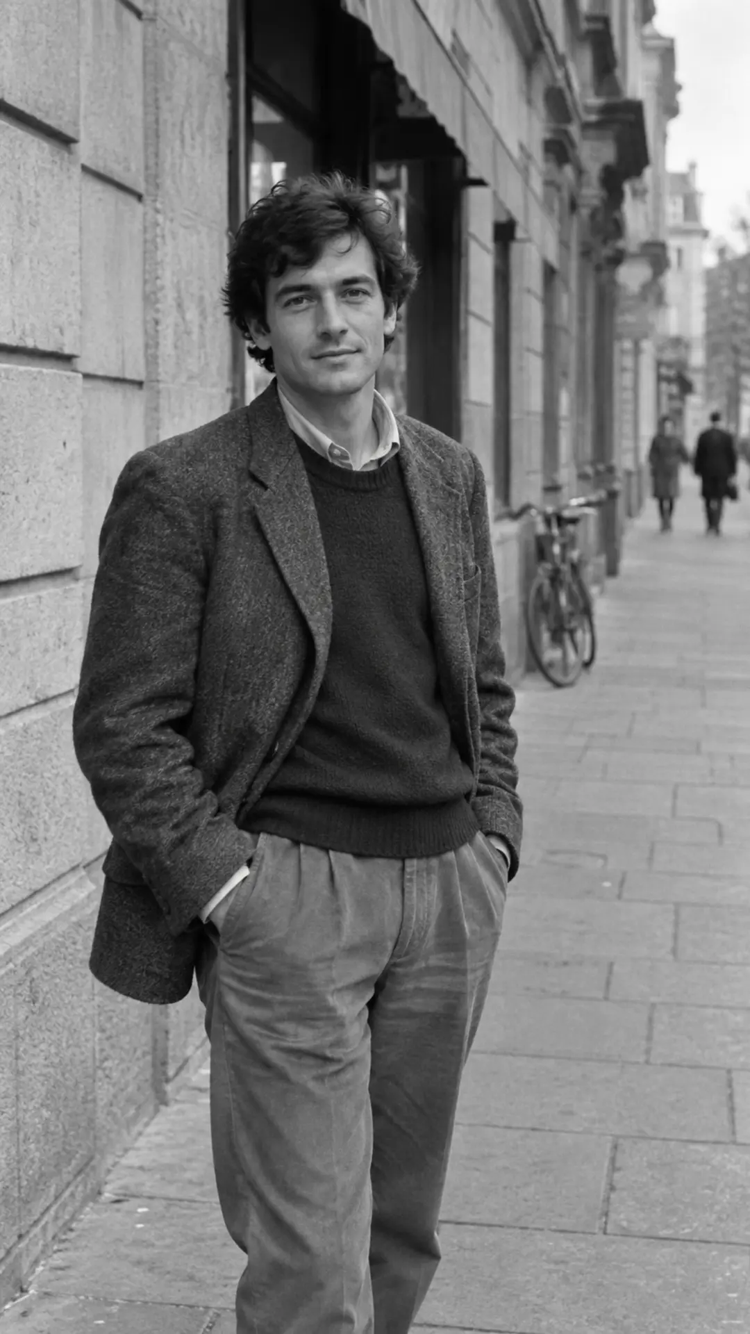Black-and-white 1980s-style street portrait on a quiet city pavement