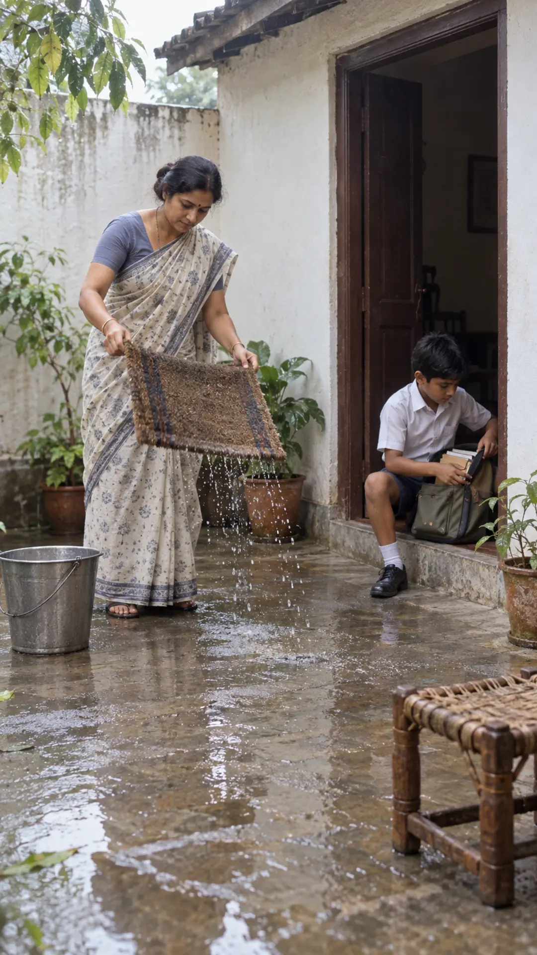 Everyday Indian courtyard scene after monsoon rain with a parent and child