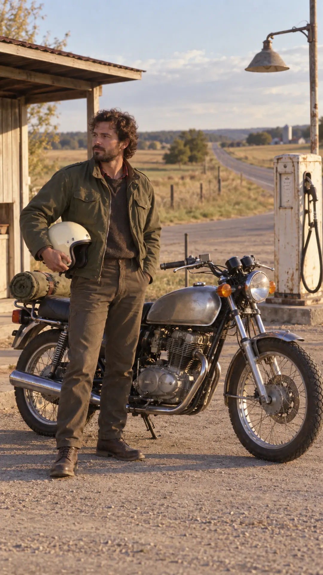 Traveler beside a standard 1980s motorcycle at a quiet rural fuel stop