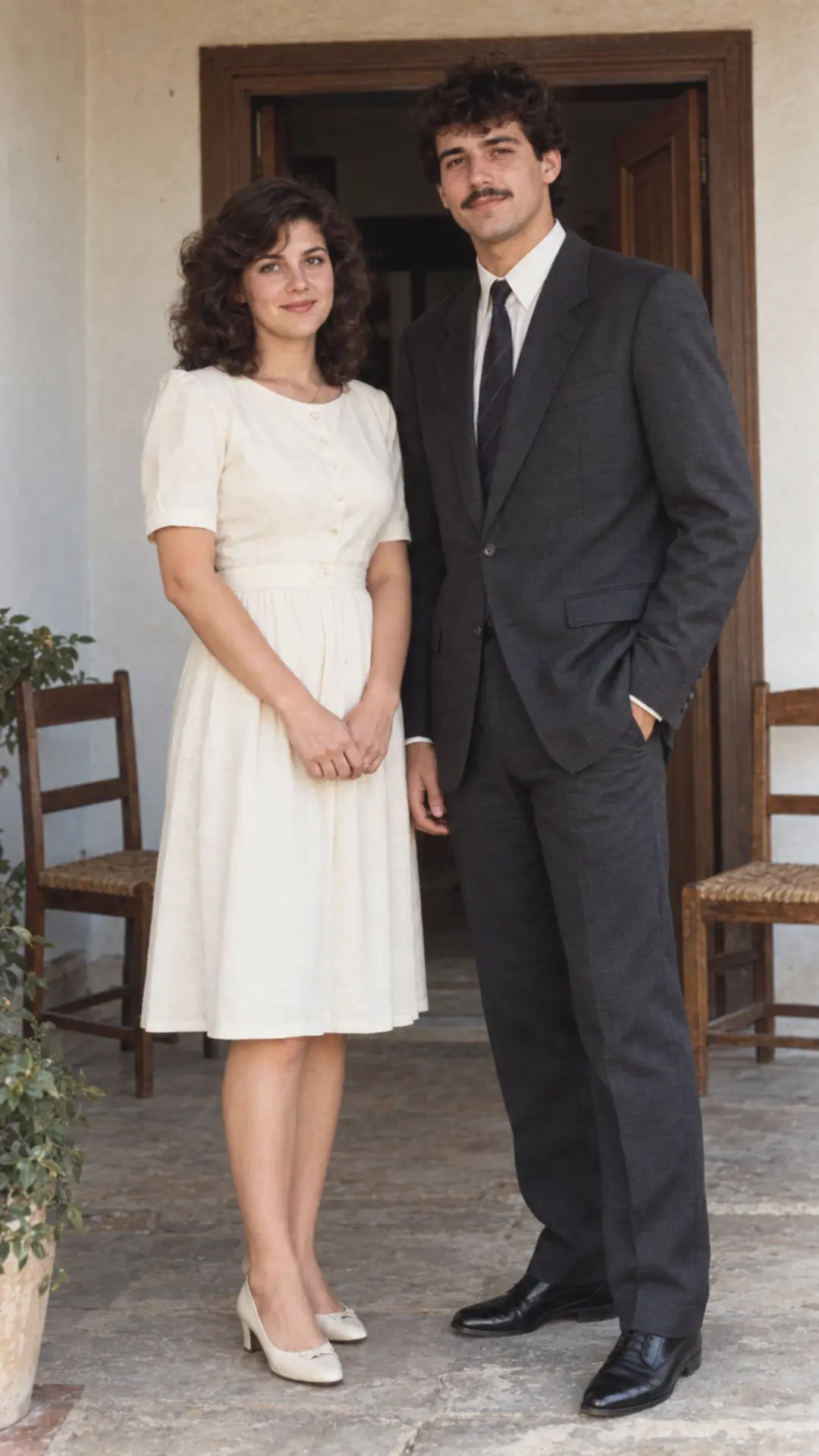 Newlywed couple in a modest 1980s veranda portrait with soft natural light