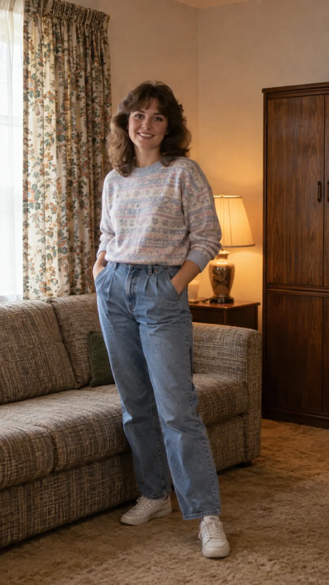 Person placed naturally in a modest period-correct 1980s living room