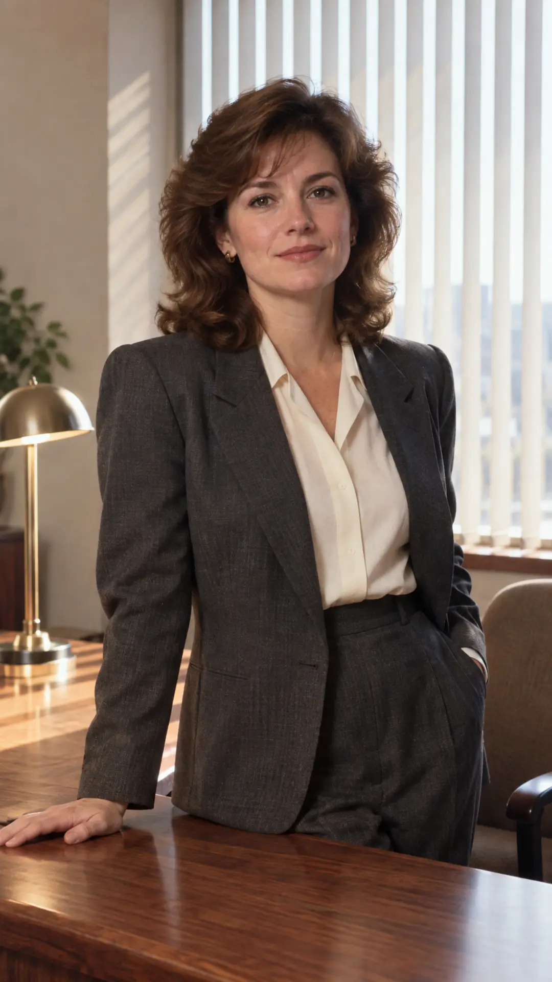 Professional in a tailored 1980s suit beside a wooden office desk