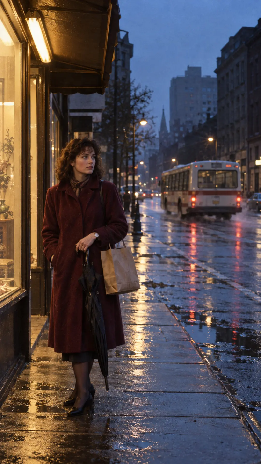 Commuter under a shop awning on a rainy 1980s street at blue hour