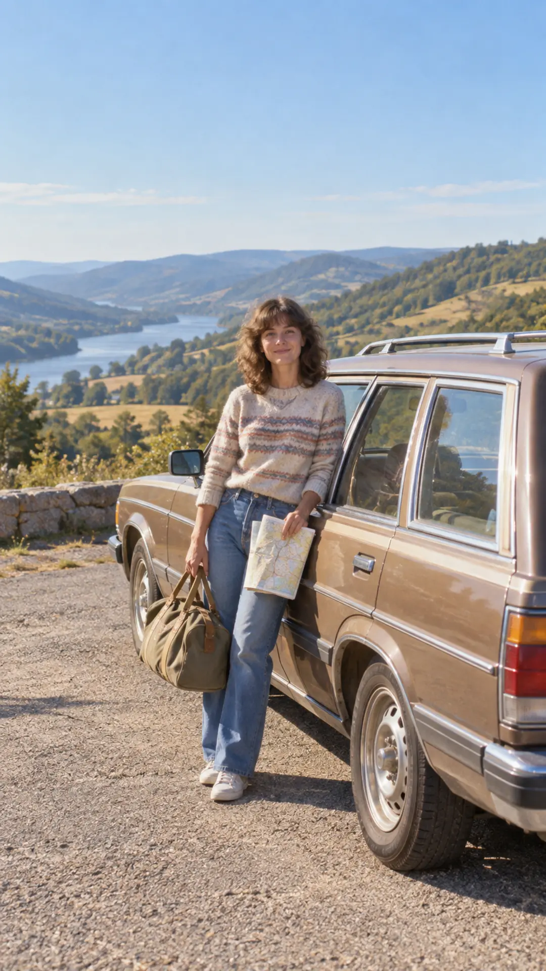 Traveler beside a boxy 1980s station wagon at a scenic roadside overlook