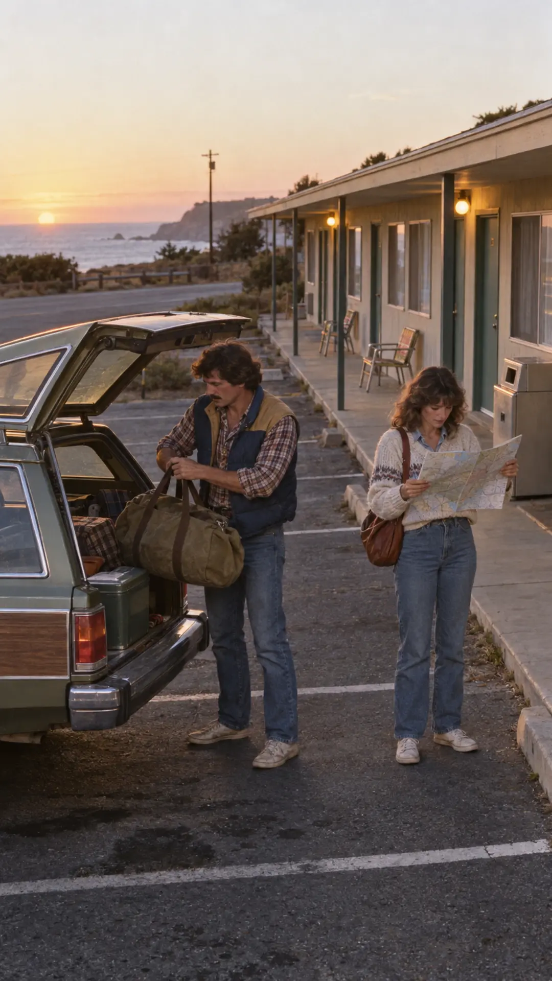 Travelers unloading a station wagon at a modest 1980s roadside motel