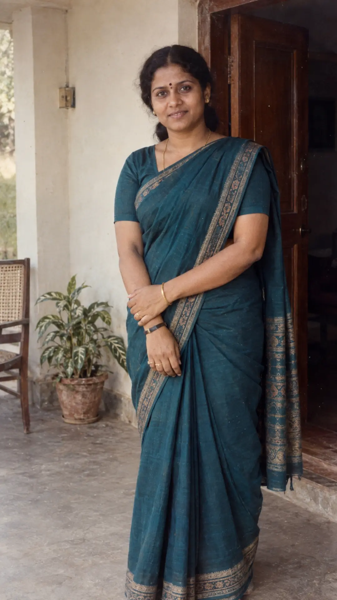 Indian 1980s-style saree portrait in soft veranda daylight