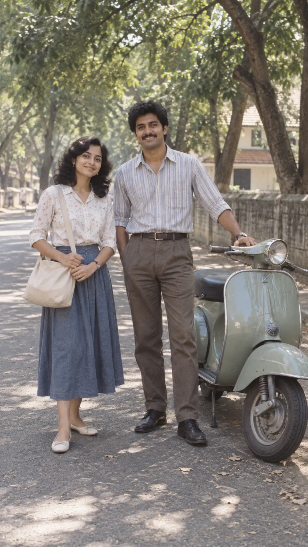 Couple beside a classic scooter on a shaded 1980s roadside
