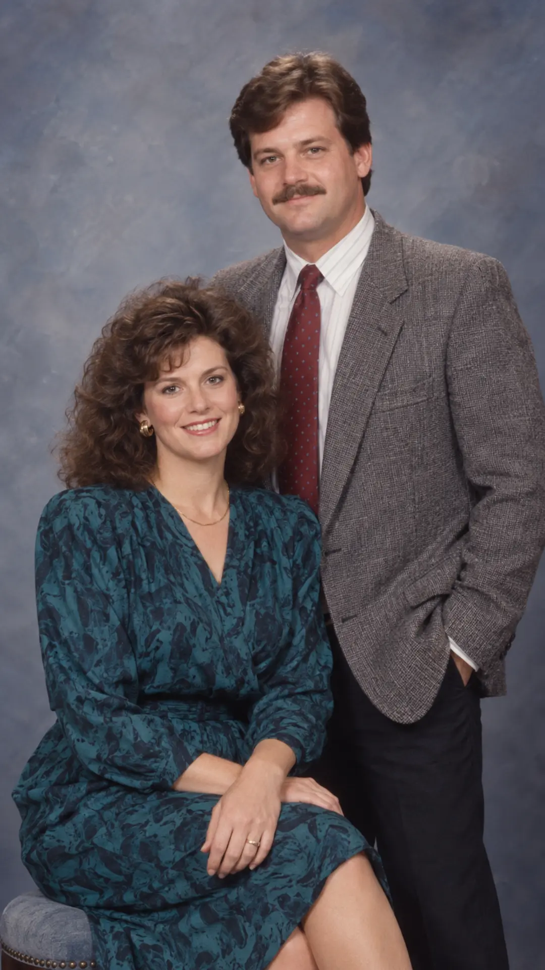 Couple posed in a 1980s department-store studio with a blue-gray backdrop