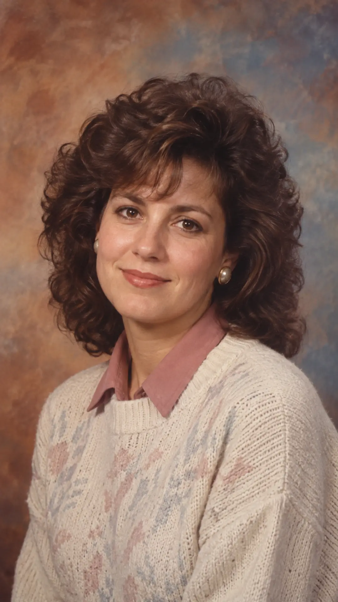 Warm 1980s-style studio portrait against a muted hand-painted backdrop