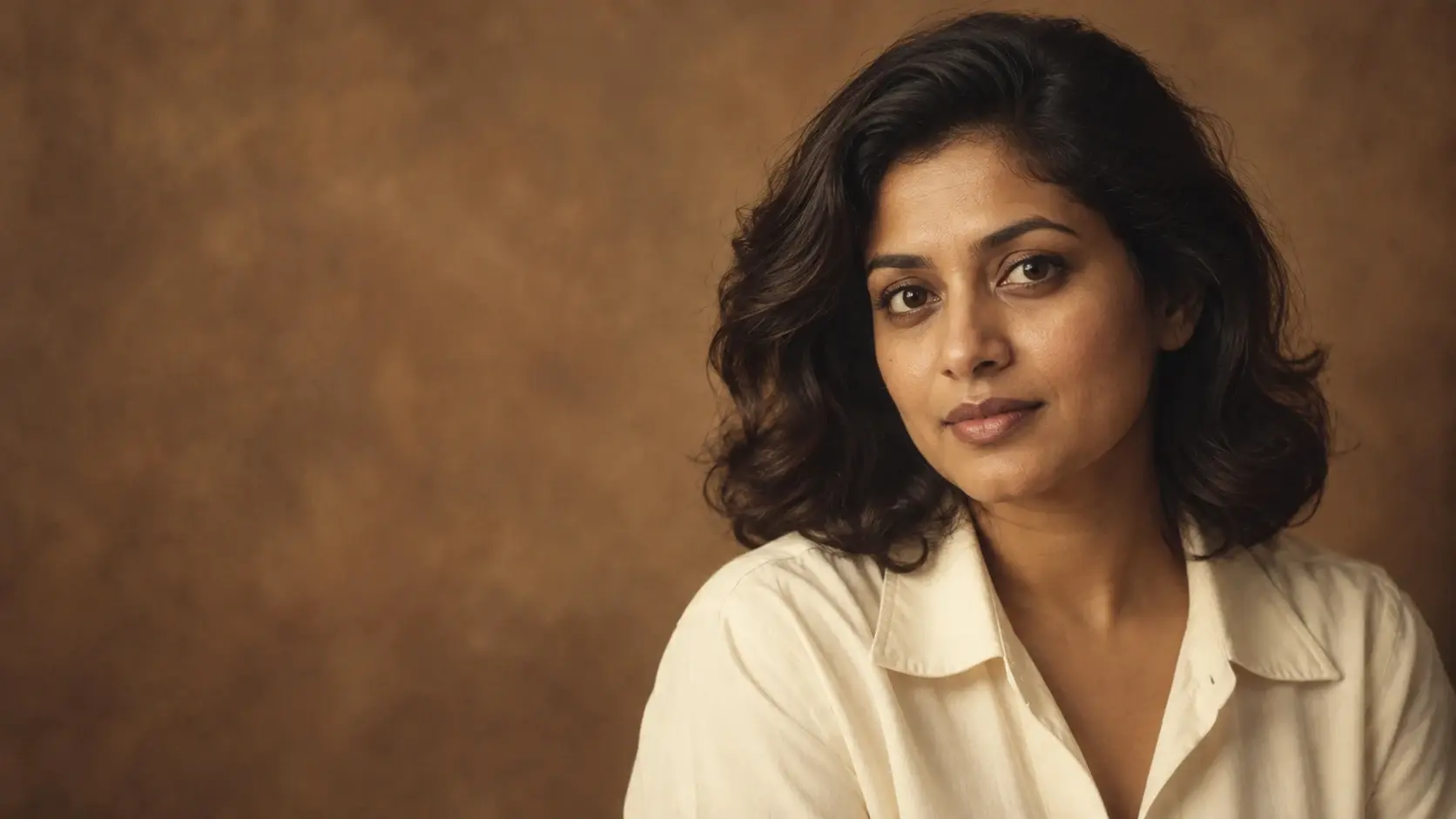 Fictional adult woman in a cream blouse against a warm painted backdrop, styled as a softly lit 1980s-inspired studio portrait.