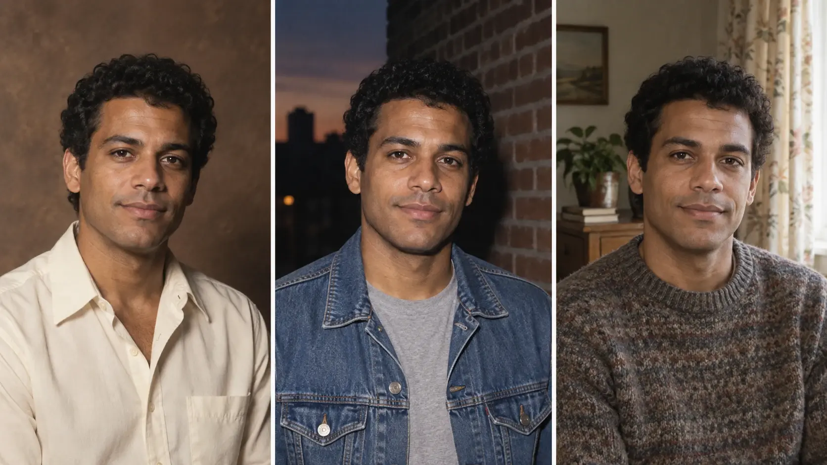 Illustrative comparison of one fictional adult styled for a warm studio portrait, a denim flash snapshot, and a window-lit home portrait.