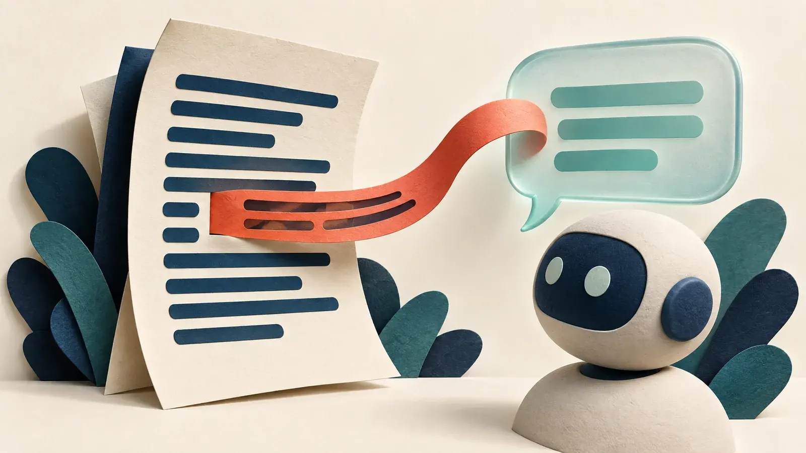 A coral ribbon emerges from a document toward a teal speech bubble beside a small illustrated AI robot.