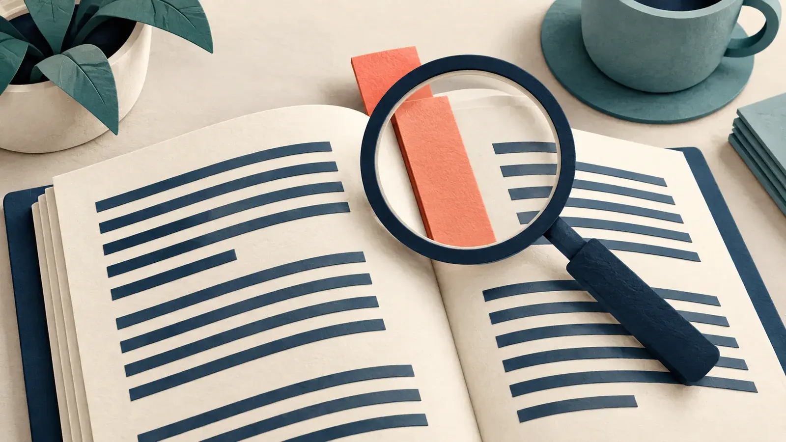 A magnifying glass highlights a coral strip inserted between the pages of a document.