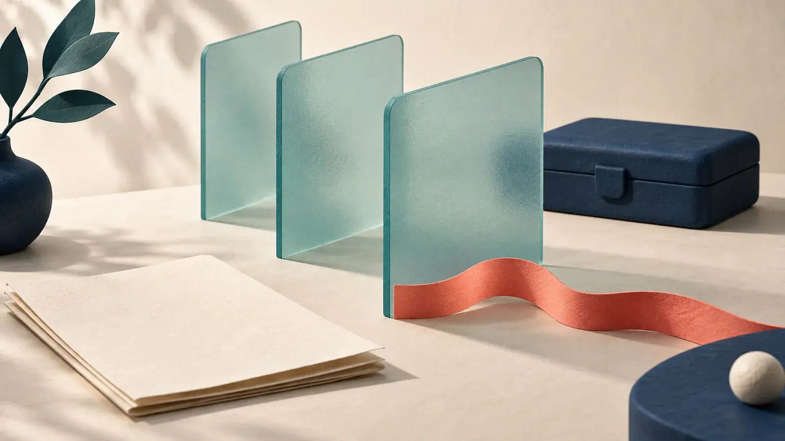 Three translucent partitions separate a paper document and coral ribbon from a closed navy tool case.