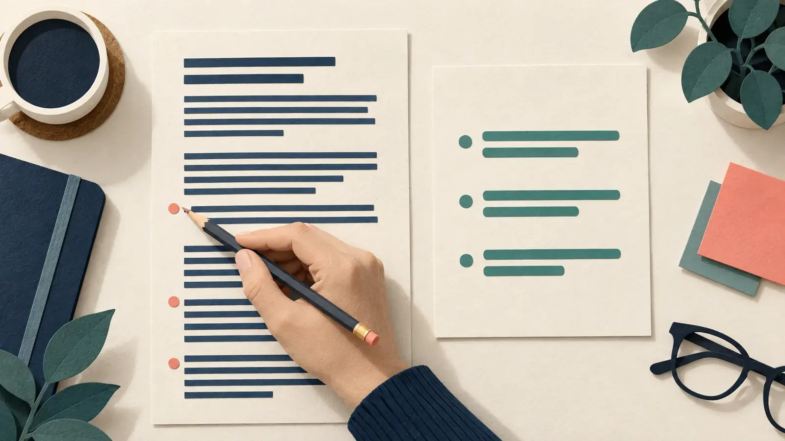 A hand uses a pencil to compare marked passages in a source document with a shorter summary beside it.