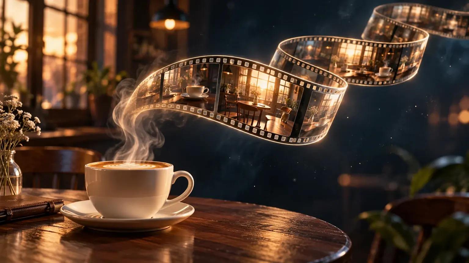 A steaming café cup beside a glowing film ribbon, illustrating a still image becoming a video.