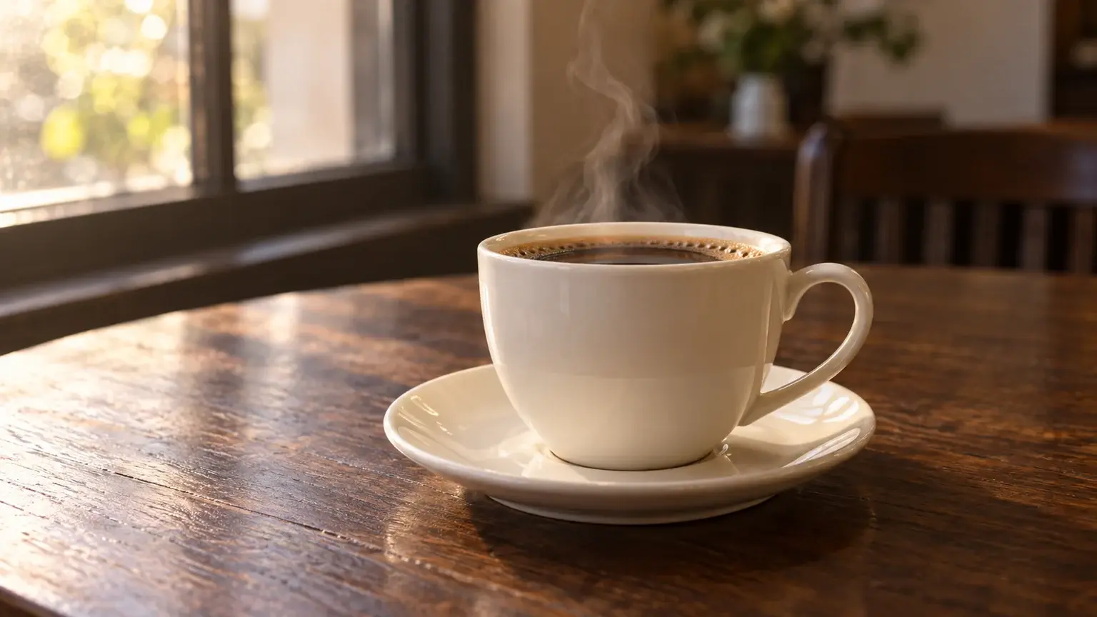 Ivory coffee cup and saucer on a walnut café table, with steam lit by a nearby window.