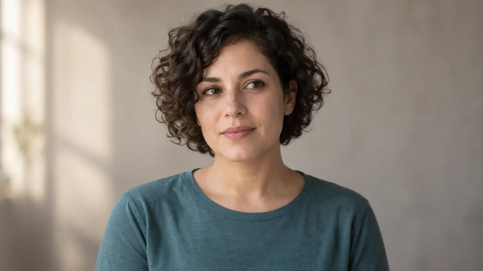 Adult woman with short curly hair and a teal shirt in a softly lit, uncluttered portrait.