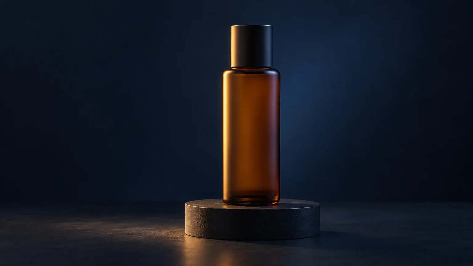 Unbranded amber bottle on a dark round display plinth against a navy backdrop.