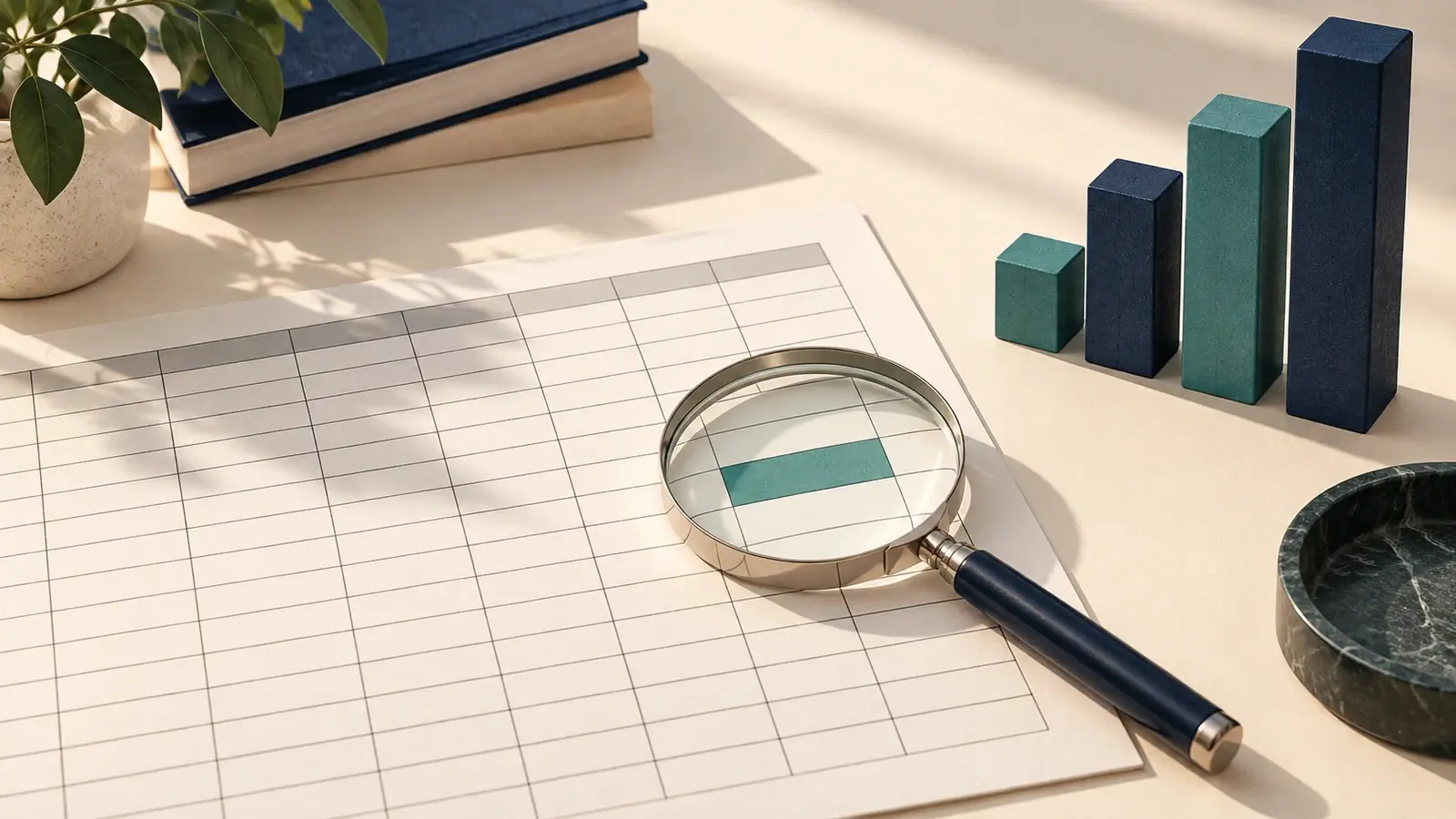 A magnifying glass examines a teal spreadsheet cell beside sculptural navy and teal bars on a desk.