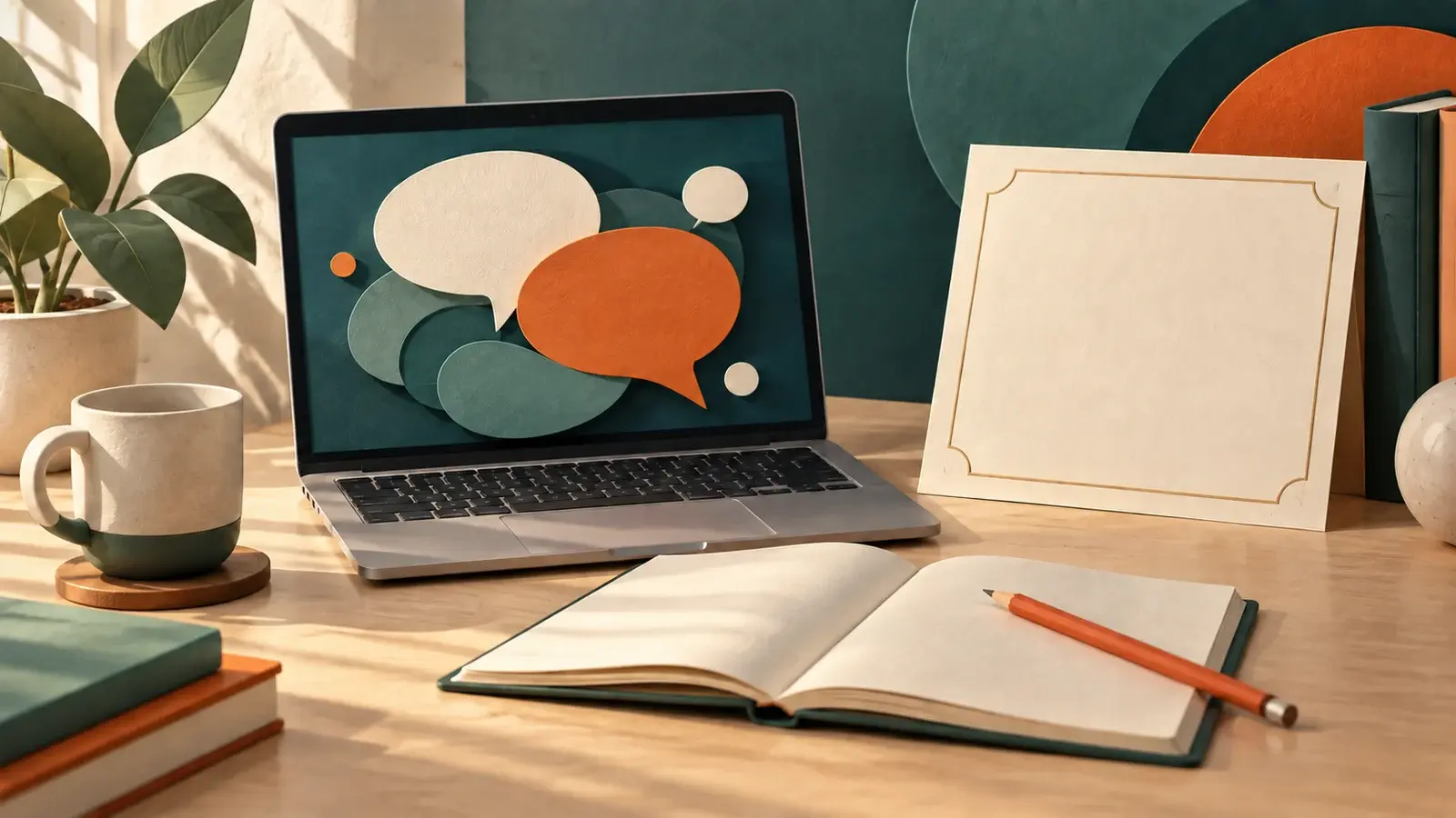 Editorial illustration of a laptop with speech shapes beside a blank certificate-style document and an open notebook.