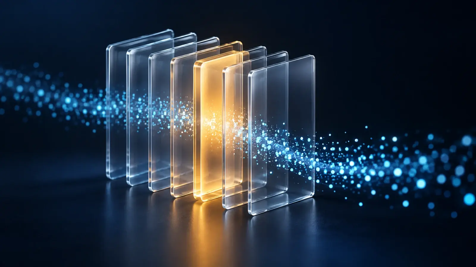 Glowing amber core within transparent glass panels, with blue particles representing reusable prompt processing.