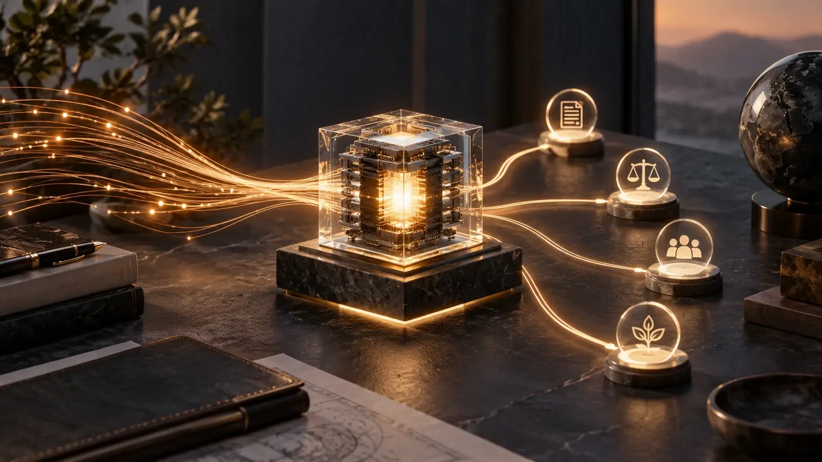 Conceptual illustration of a glowing computing core connected to illuminated oversight symbols.