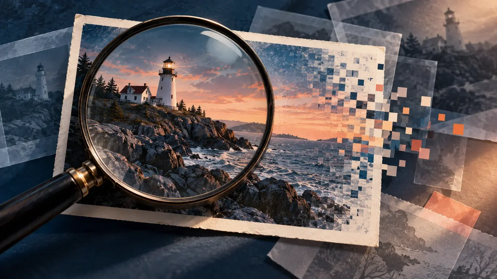 Conceptual illustration of a magnifying glass over a lighthouse photograph dissolving into pixels