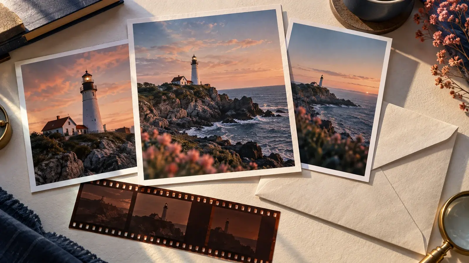 Illustrative lighthouse prints, a film strip and an envelope arranged on an archival desk