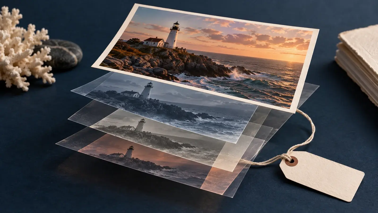A lighthouse print floating above translucent photographic layers and a blank archival tag