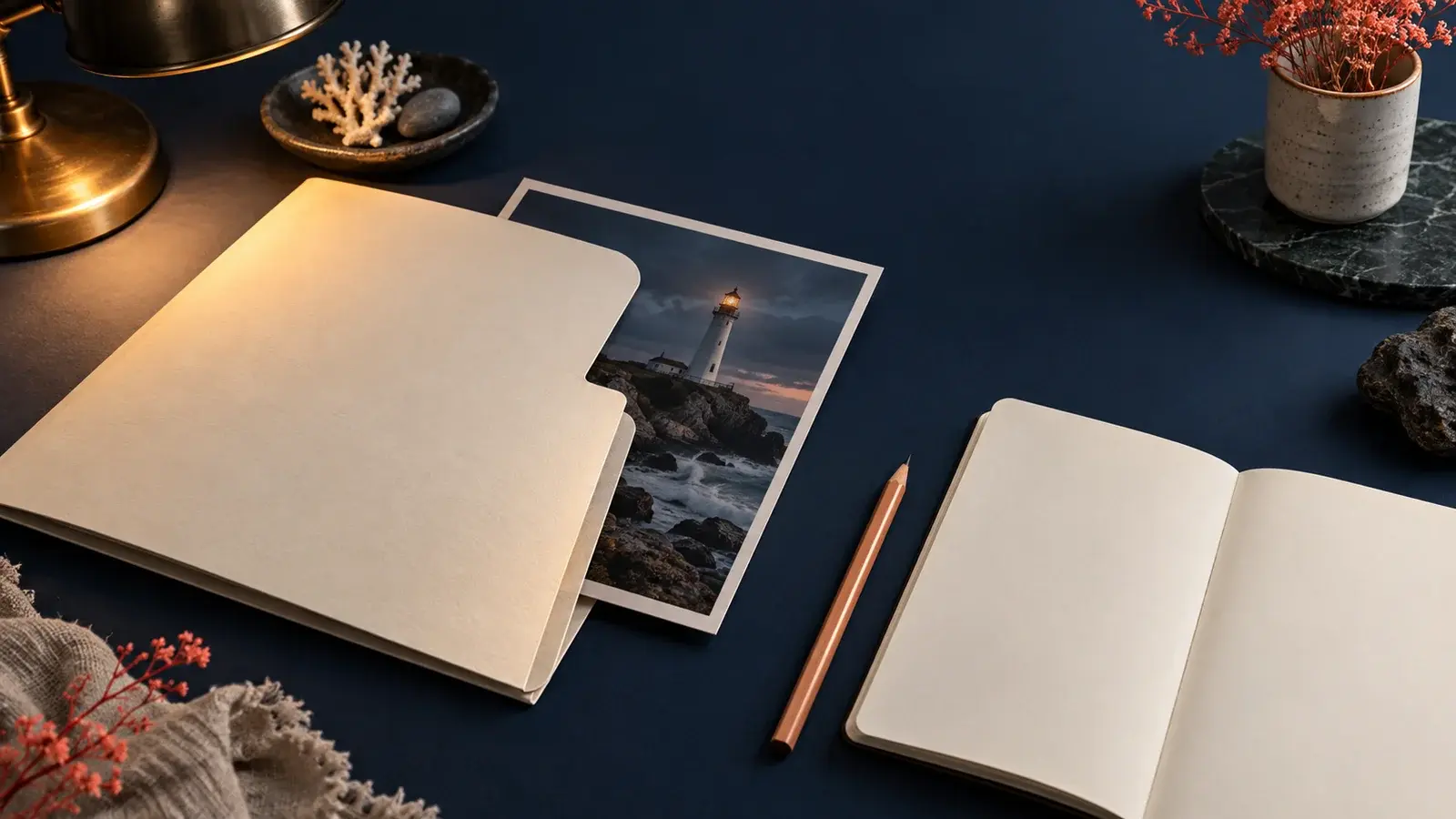 A lighthouse photograph partly tucked into an archival folder beside a blank notebook
