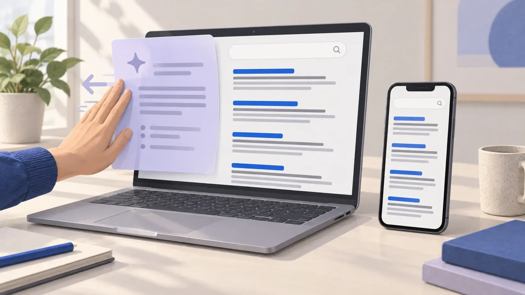 Conceptual laptop and phone illustration showing website links revealed beneath a displaced AI summary card.