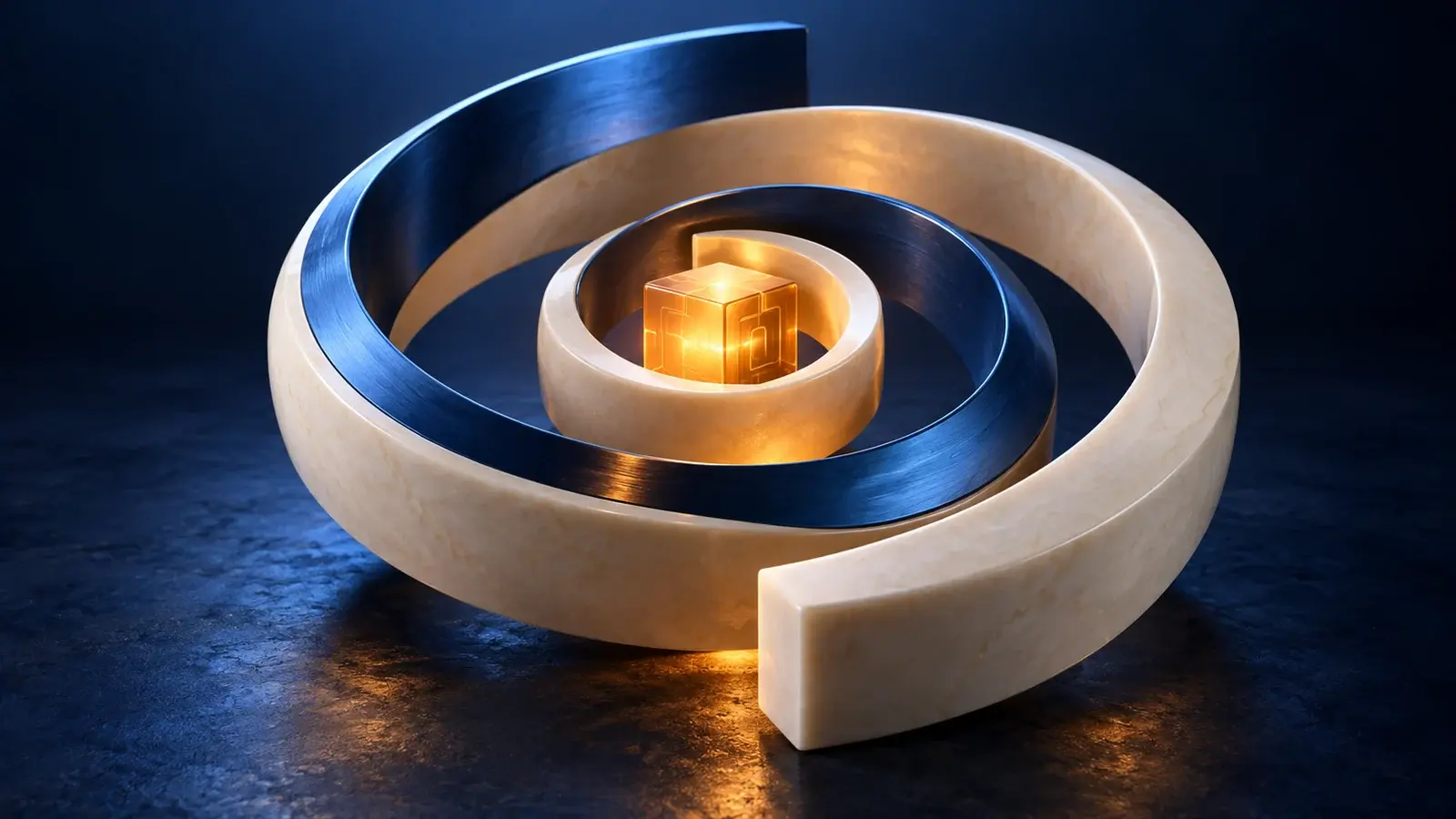 Ivory and cobalt spiral bands surround a glowing amber cube against a dark background.
