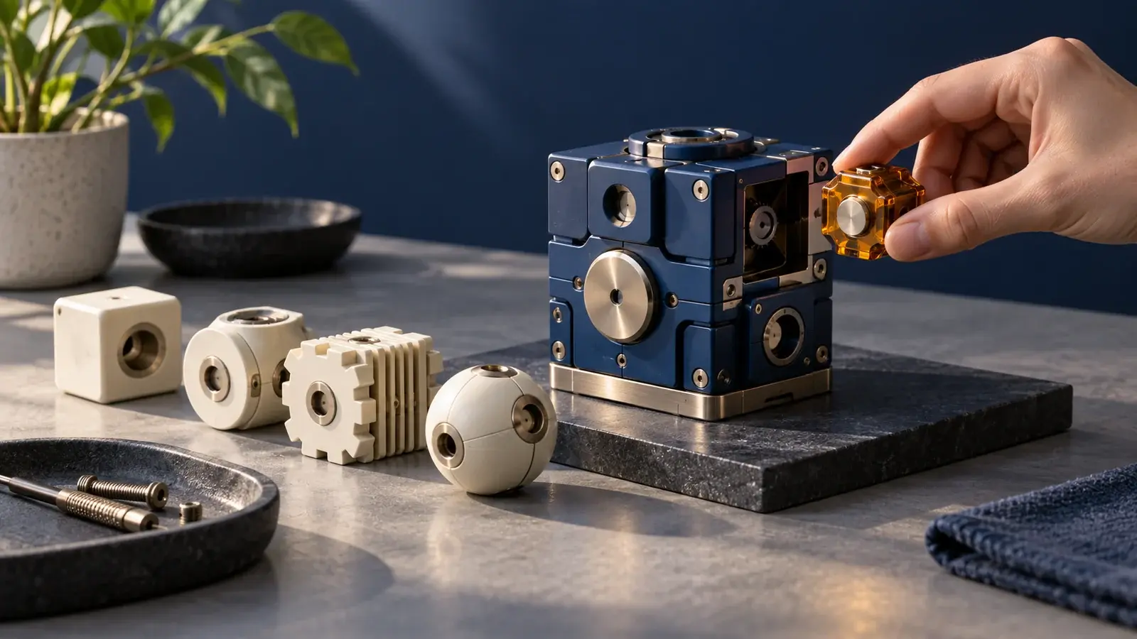A hand fits an amber component beside a cobalt modular assembly, with alternative ivory parts on the table.