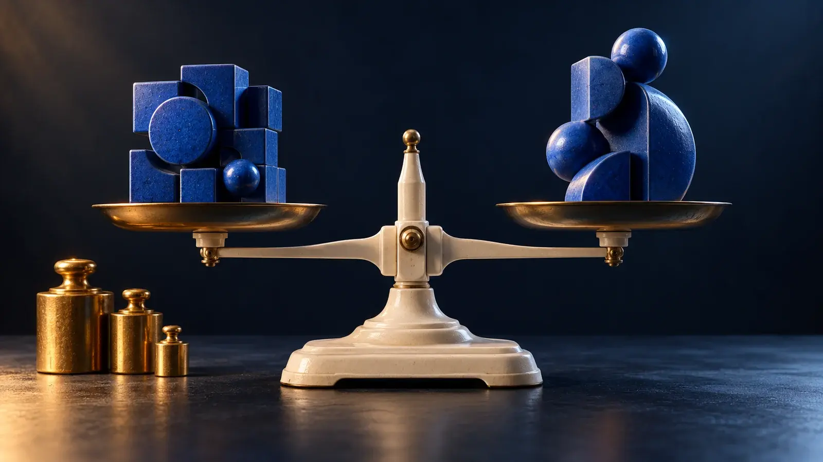 An ivory balance compares two cobalt assemblies, with calibration weights beside it.