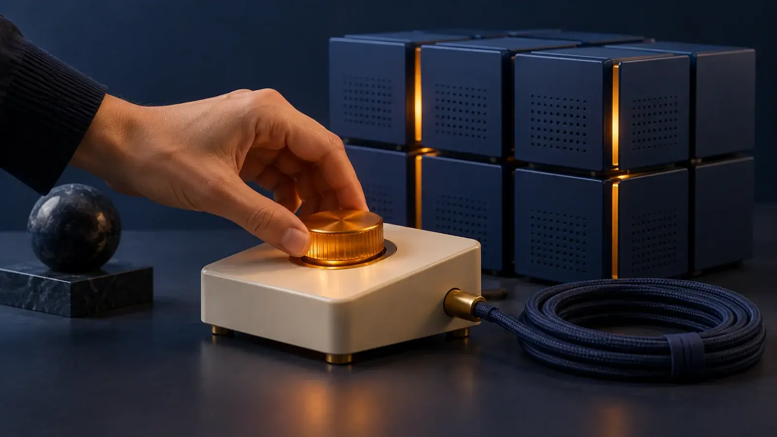 A human hand adjusts an amber dial on an ivory console beside cobalt computing blocks and a cable.