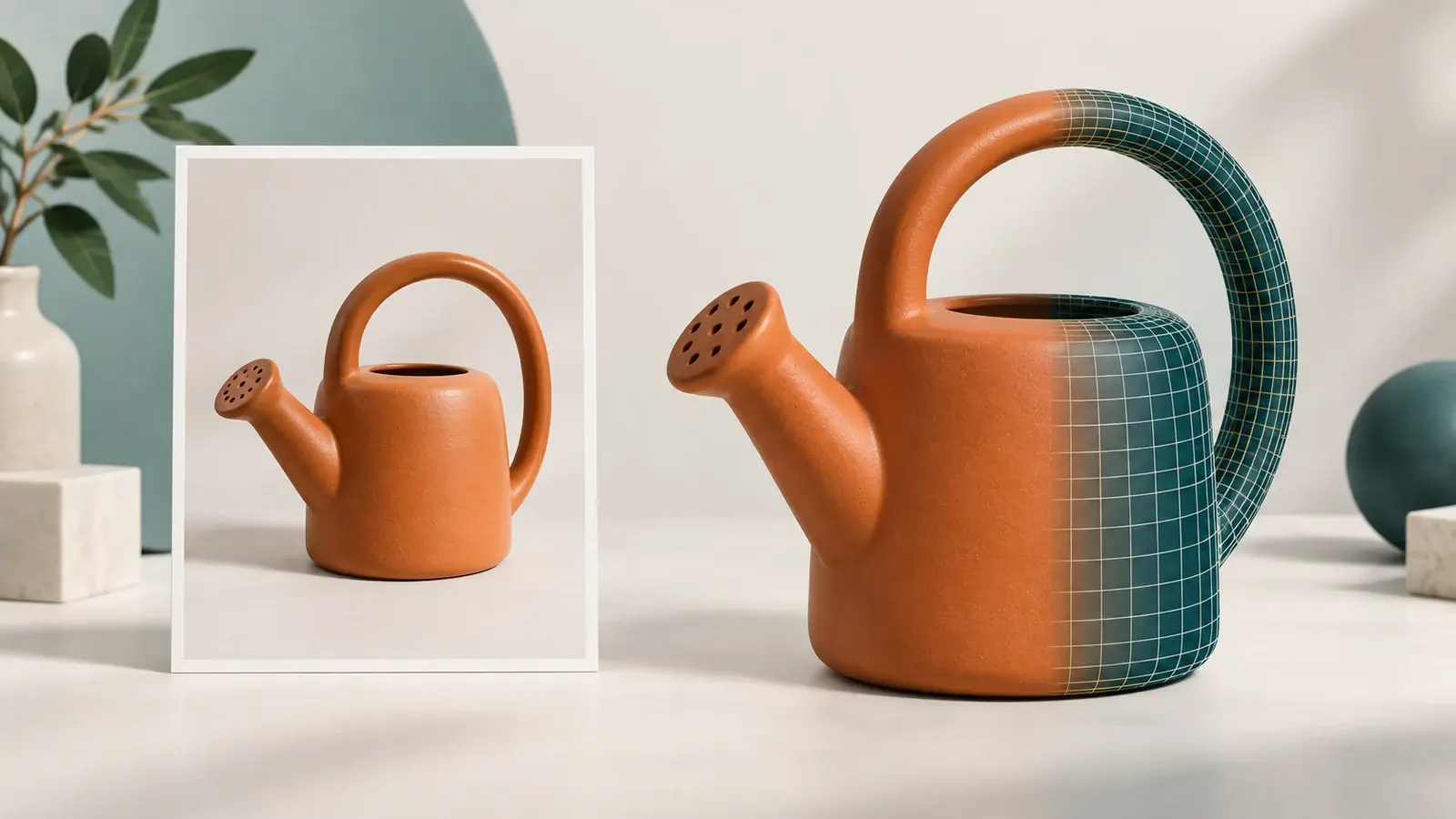 Conceptual illustration of an orange watering-can reference photo beside a three-dimensional version with a partial wireframe surface.
