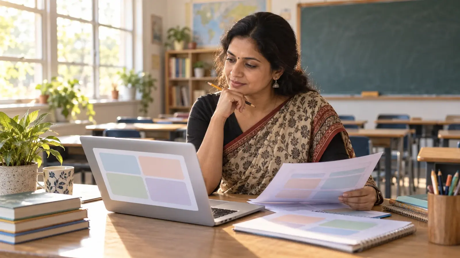 Teacher reviewing printed lesson planning sheets beside a laptop in a sunlit classroom.