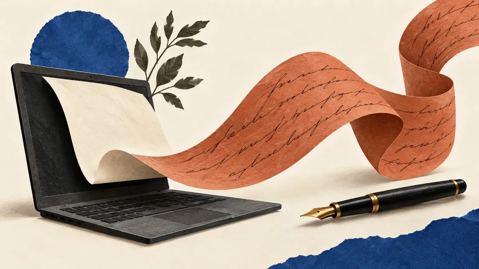 A manuscript ribbon emerging from a laptop beside a fountain pen, illustrating a personal writing voice.